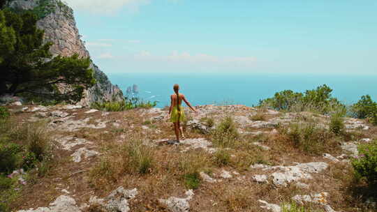 一个人凝视着壮观的海边悬崖景色。边缘的女