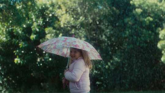 女孩，雨，院子，雨伞