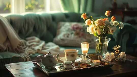 室内茶几茶具与花卉场景