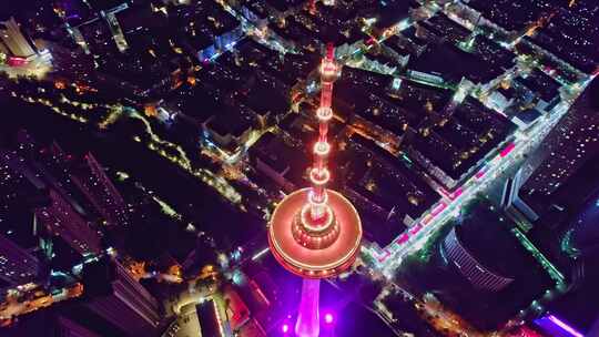 沈阳彩电塔塔顶夜景航拍视频素材模板下载