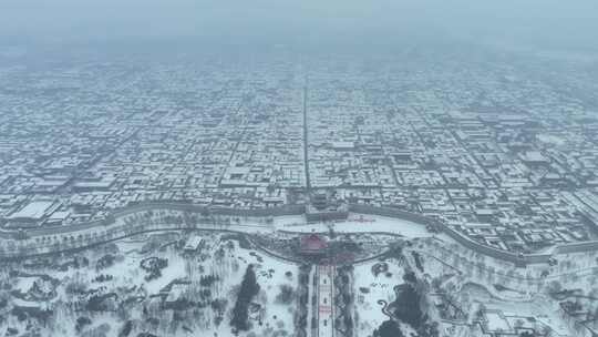 山西平遥古城雪景天际线春节过年冬天航拍