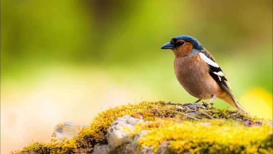 树枝上的小鸟与苔藓蘑菇