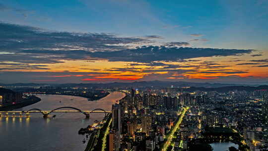 梧州中心城区晚霞夜景航拍延时视频