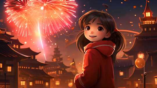 中国传统文化新年烟火下的微笑小孩