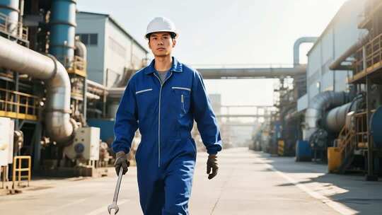 工厂工人手持扳手行走