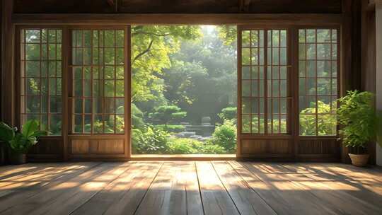 室内透过木窗望户外森林景色