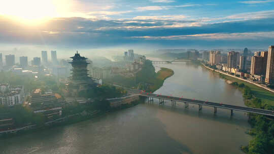四川绵阳城市越王楼航拍