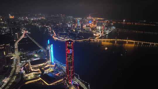 澳门夜景航拍珠海珠三角澳门塔风光城市夜晚