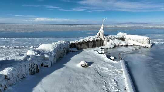 青海海南青海湖冰雪蓝天航拍视频