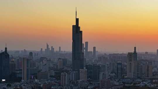 江苏南京CBD紫峰大厦建筑群日落夜景航拍