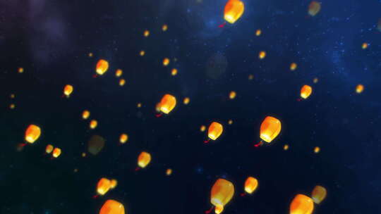 4k夜空中漂浮孔明灯笼循环背景