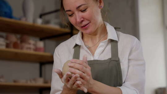 微笑的女陶工在陶瓷工作室审视手工陶器的创