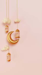 新月、灯笼和云的伊斯兰装饰背景。3D动画