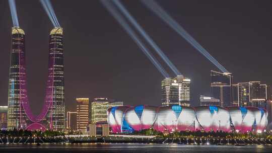 杭州亚运会 奥体中心 杭州之门灯光秀延时