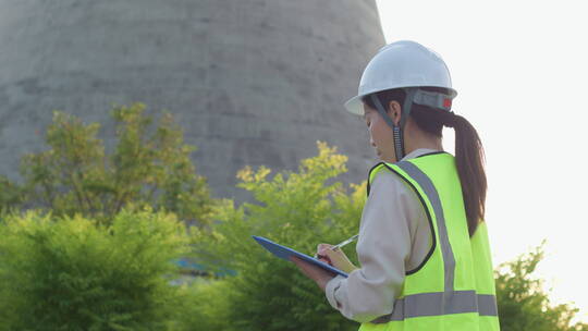 中国人女工程师戴建筑头盔工作记录