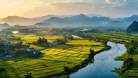 日出乡村田野河流山脉民居航拍景色