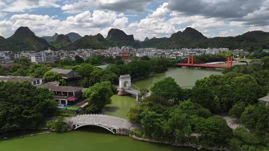 广西桂林榕杉湖景区公园湖心岛航拍城市风光