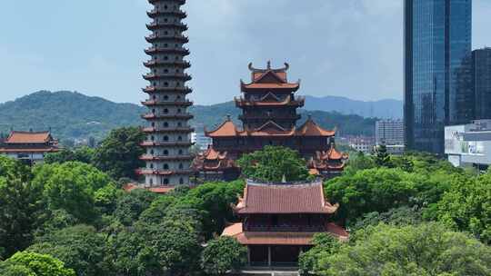 福州西禅古寺航拍城市寺庙古建筑景观风景