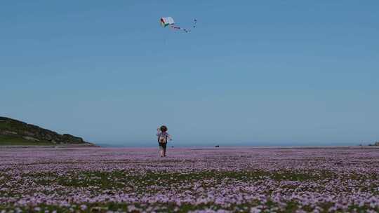小孩奔跑小朋友在花海中跑步放风筝童年梦想