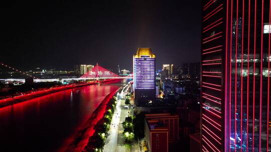 城市航拍湖北宜昌跨长江大桥夜景