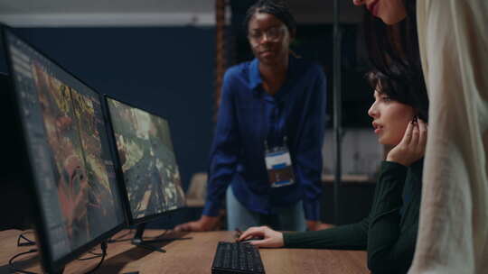 三位不同种族和民族的女性在游戏开发公司团队IT专家工作视频素材模板下载