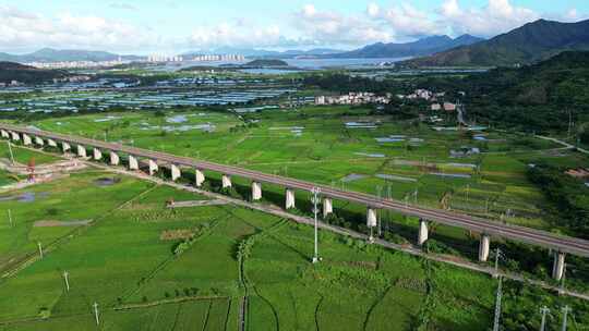 乡村田野上的高铁高架桥风景