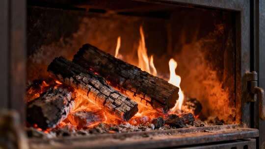 壁炉燃烧木柴火焰升腾温暖治愈场景