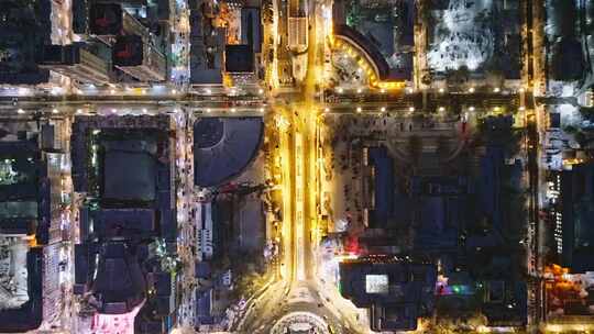中国黑龙江哈尔滨下雪后城市夜景航拍