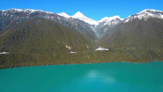 航拍西藏林芝巴松措景区雪山森林湖泊风光