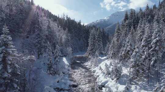 高山小屋，山脉，树木，河流