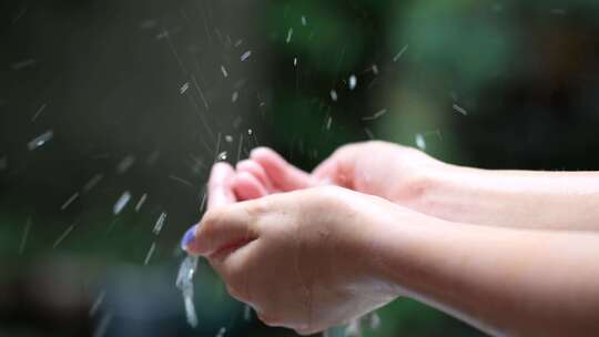 升格实拍房檐下接雨水玩耍的女孩手部特写视频素材模板下载