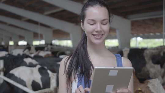 年轻女性在牛棚里用平板记录