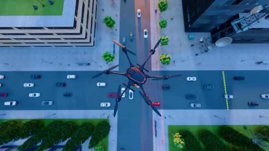 无人机飞过城市街道上空
