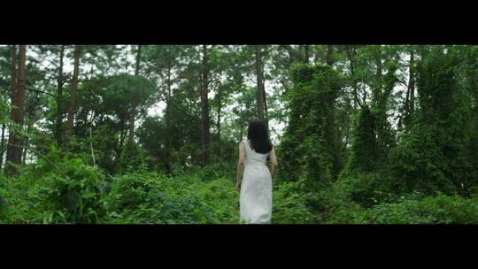 白色长裙女子走在森林里