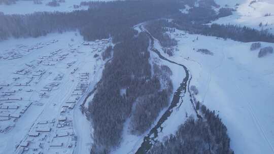 雪山森林河流村庄航拍