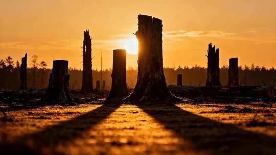 夕阳下森林砍伐后的树桩景象