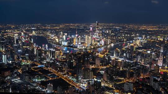 航拍上海夜景陆家嘴外滩建筑群