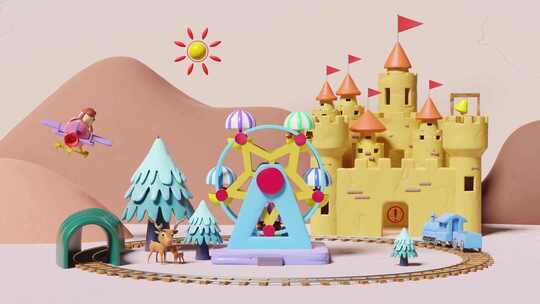 游乐园和城堡的童话世界概念动画
