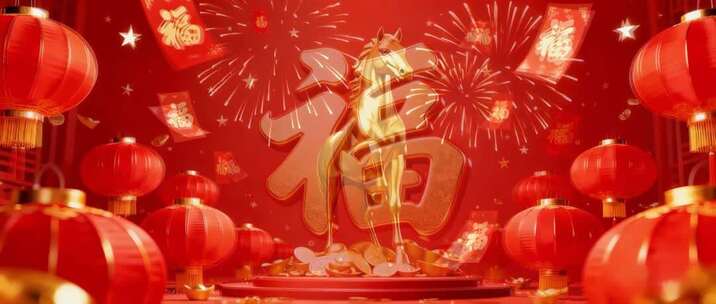 新年福字灯笼烟花场景素材