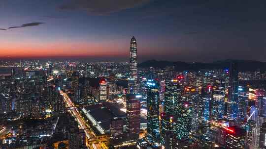 深圳福田城市天际线夜景航拍延时