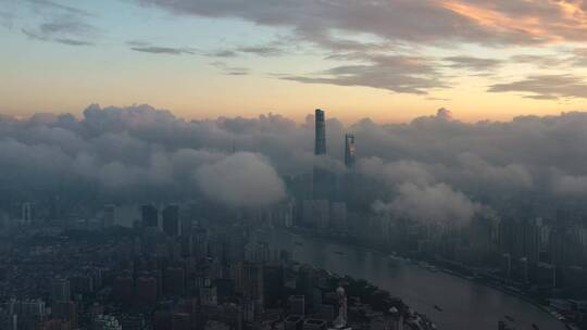 上海城市航拍火烧云平流雾