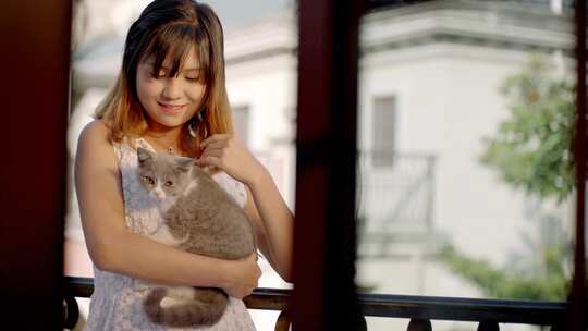 女孩阳台抱猫视频素材模板下载