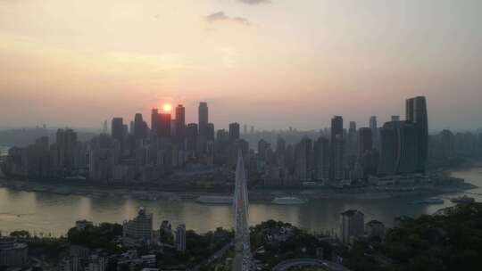 航拍重庆日落晚霞重庆大景