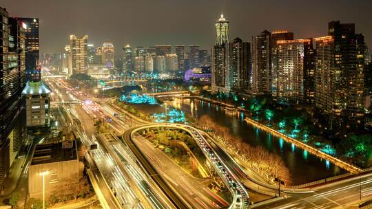 杭州拱墅区环球中心高架桥车流夜景延时