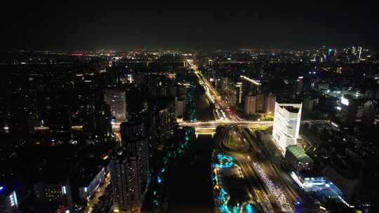 浙江杭州城市夜景交通航拍