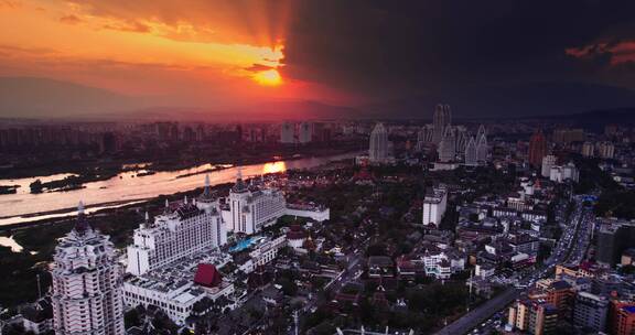 4k 航拍西双版纳日落夕阳全景