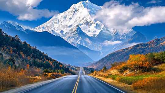 雪山下的公路 大雪山背景山路 向前的道路