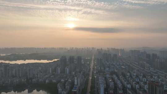 鄂州日出航拍城市日出景观城市清晨朝阳晨曦