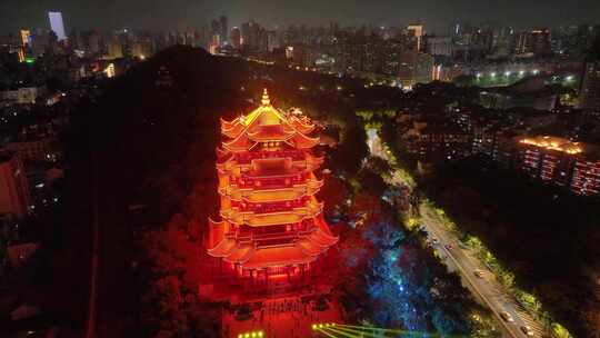 武汉黄鹤楼公园武珞路夜晚夜景航拍湖北武昌