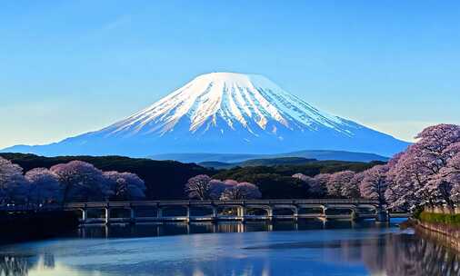 富士山远景下的桥梁与盛开樱花树